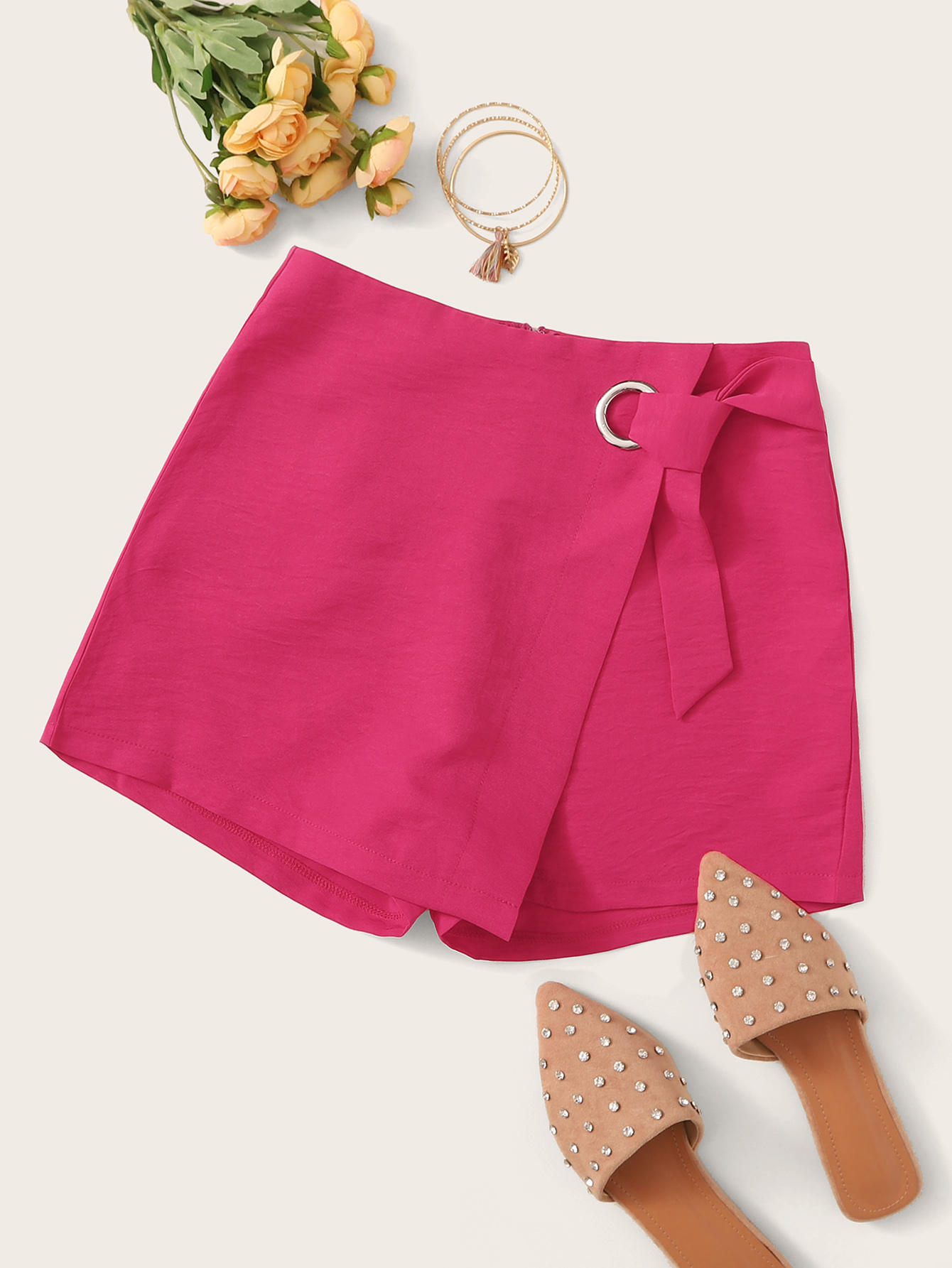 neon pink wrap knotted ring detail skort