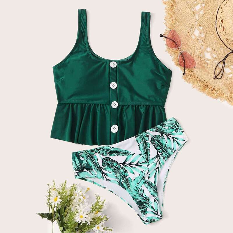 

Button Front Ruffle Hem Top With Tropical Tankini, Green