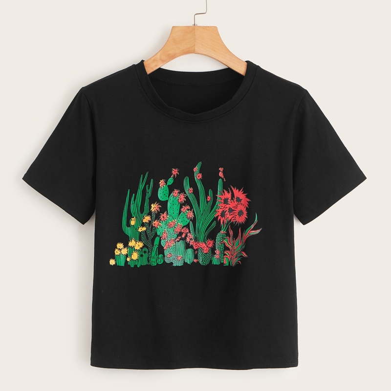 

Tropical Print Round Neck Tee, Black