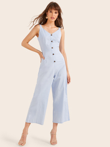 Button Front Tie Back Straps Jumpsuit