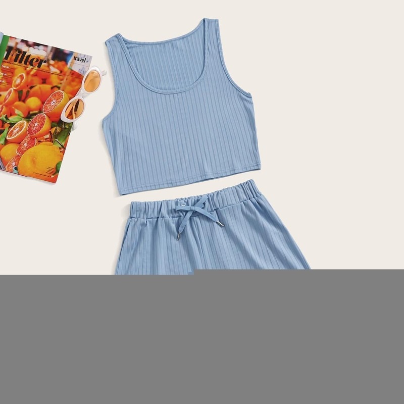 

Solid Tank Top & Drawstring Waist Shorts, Blue