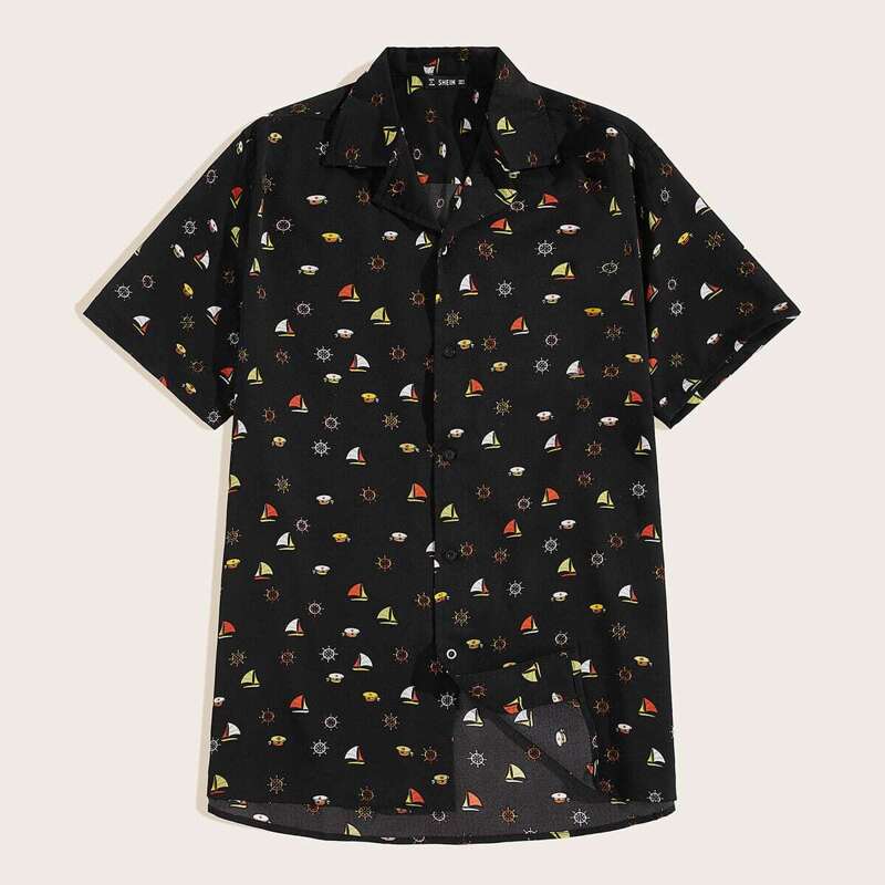 

Guys Revere Collar Graphic Print Shirt, Black