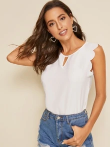 SHEIN Clasi Scalloped Front Cutout Top - White - View 4