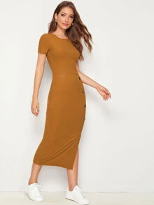 Mulvari Vestido lápiz tejido de canalé bajo con abertura con botón - Marrón - Ver 3