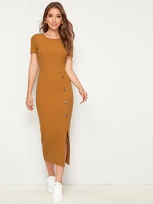 Mulvari Vestido lápiz tejido de canalé bajo con abertura con botón - Marrón - Ver 1