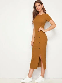 Mulvari Vestido lápiz tejido de canalé bajo con abertura con botón - Marrón - Ver 4