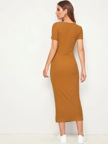 Mulvari Vestido lápiz tejido de canalé bajo con abertura con botón - Marrón - Ver 2