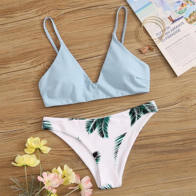 

V Neck Top With Palm Print Bikini Set, Multicolor
