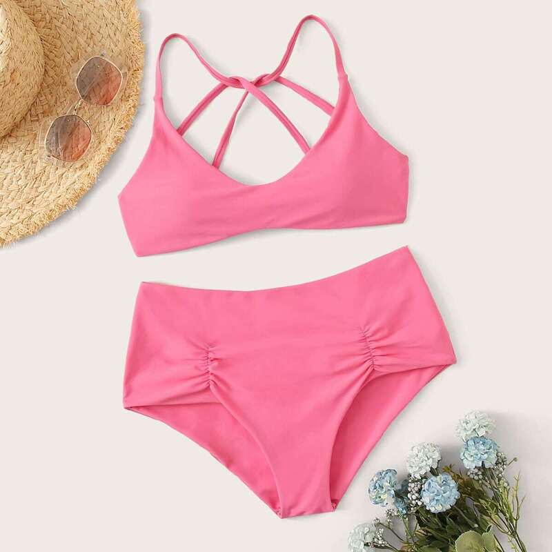 

Criss Cross Top With High Waist Bikini Set, Pink pastel