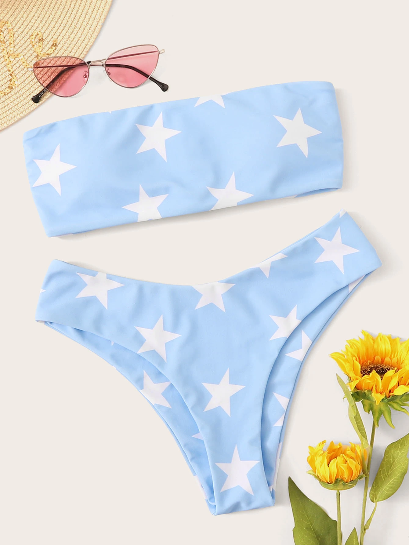 sunflower print lace up back bikini set