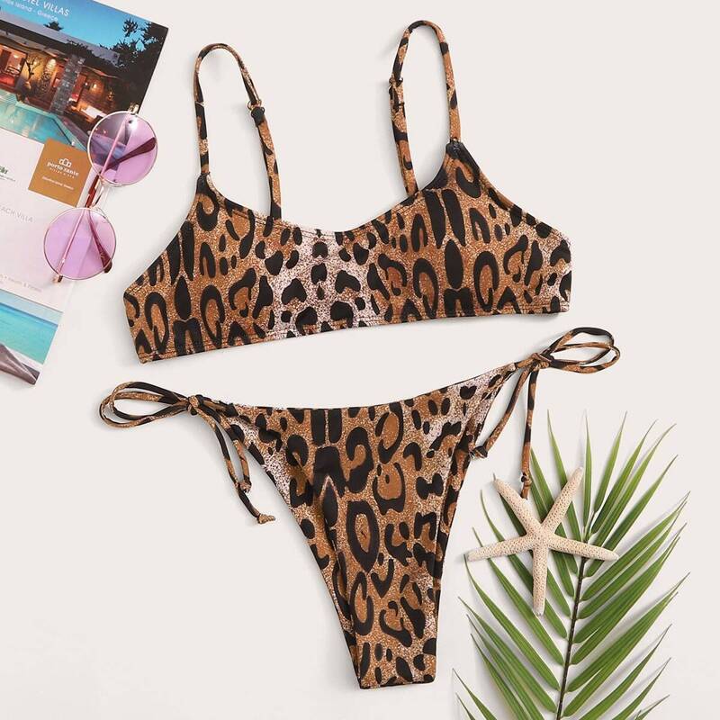 

Leopard Tie Side Triangle Thong Bikini Swimsuit, Multicolor