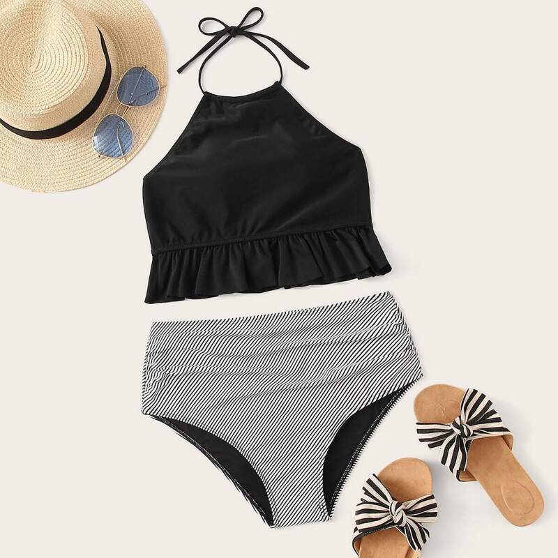 

Frill Hem Halter Top With Striped Bikini Set, Black and white