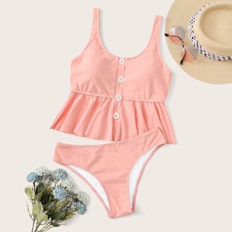

Button Front Ruffle Hem Tankini Set, Pink pastel