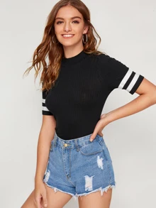 SHEIN Camiseta tejida de canalé de cuello alto - Negro - Ver 5