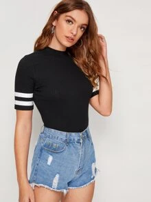 SHEIN Camiseta tejida de canalé de cuello alto - Negro - Ver 4