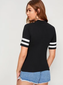 SHEIN Camiseta tejida de canalé de cuello alto - Negro - Ver 2
