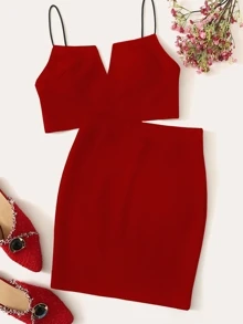 SHEIN Privé Conjunto top de tirante de cuello notch con falda ajustada - Burdeos - Ver 1