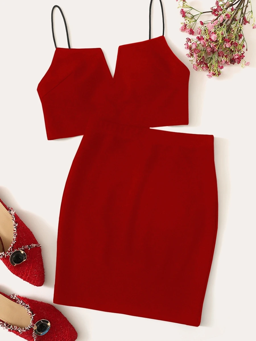 SHEIN Privé Conjunto top de tirante de cuello notch con falda ajustada - Burdeos - Ver 1