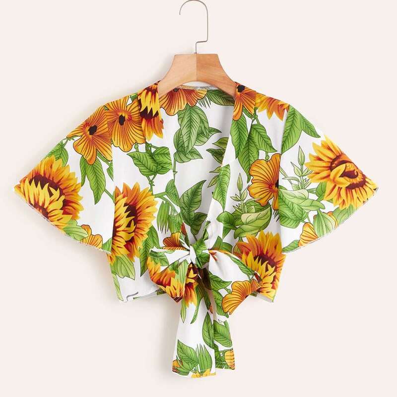 

Sunflower Print Tie Front Crop Top, Multicolor