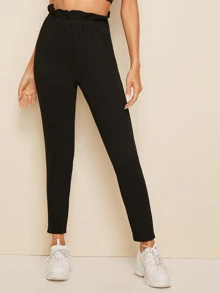 SHEIN Essnce Solid Paperbag Waist Cigarette Trousers - Black - View 4