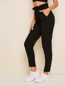 SHEIN Essnce Solid Paperbag Waist Cigarette Trousers - Black - View 1