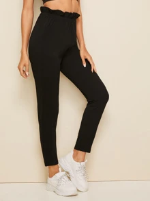 SHEIN Essnce Solid Paperbag Waist Cigarette Trousers - Black - View 5