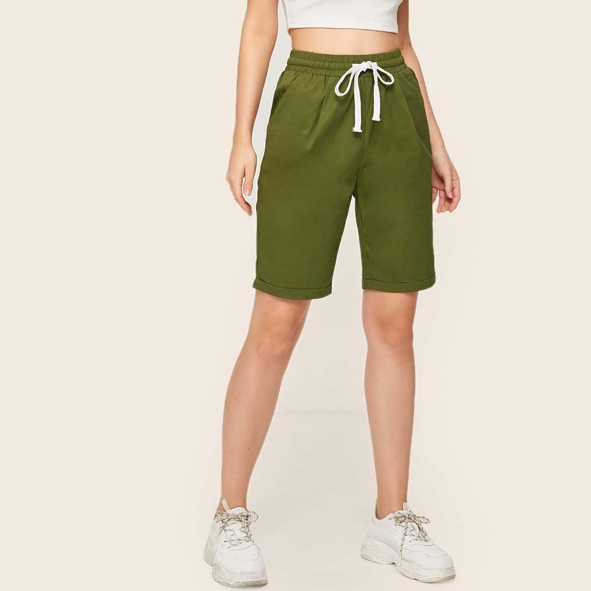 

Solid Drawstring Waist Shorts, Army green