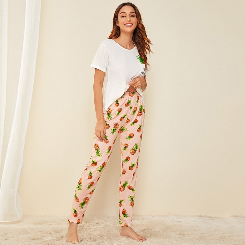 

Pineapple & Letter Print Pajama Set, Multicolor
