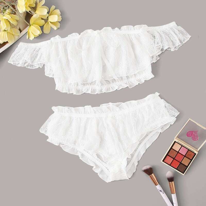 

Floral Lace Lettuce Trim Lingerie Set, White