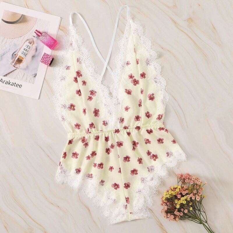 

Floral Print Eyelash Lace Crisscross Teddy Bodysuit, Multicolor