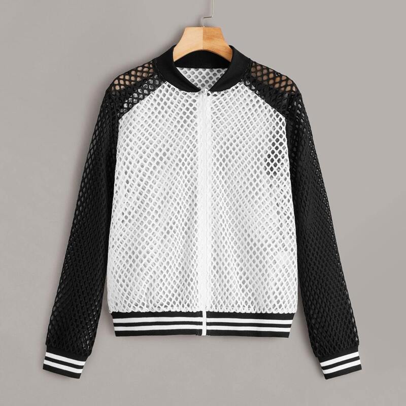 

Fishnet Mesh Zip Front Jacket, Black and white