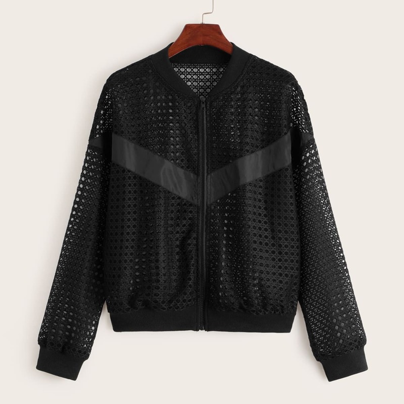 

Solid Fishnet Mesh Zip Front Jacket, Black