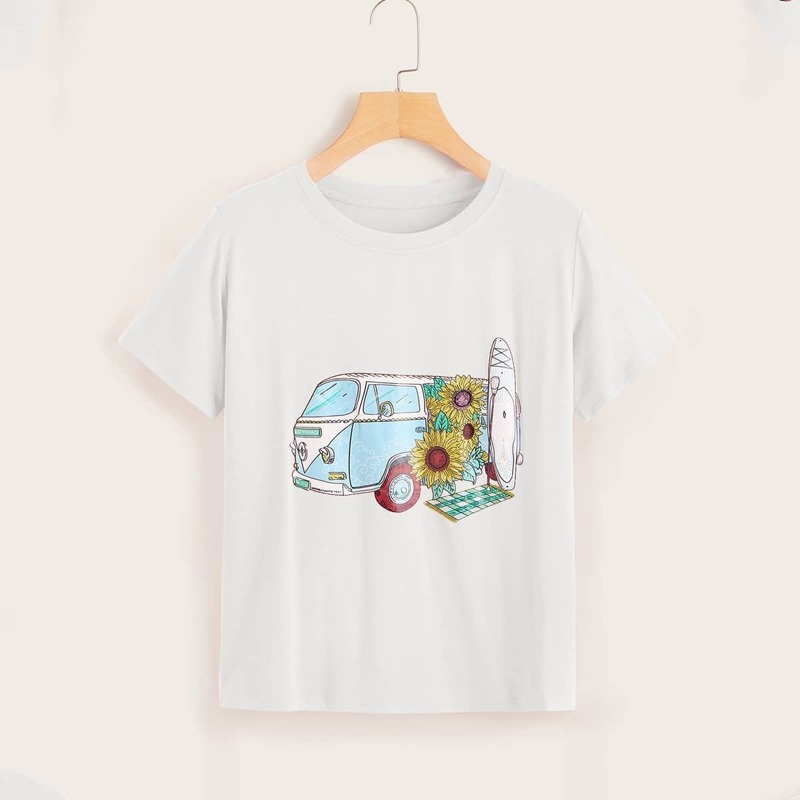 

Cartoon Print Round Neck Tee, White