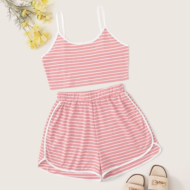 

Striped Print Contrast Binding Cami Top With Track Shorts, Pink