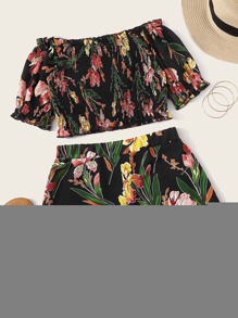 Floral Print Shirred Bardot Top With Shorts