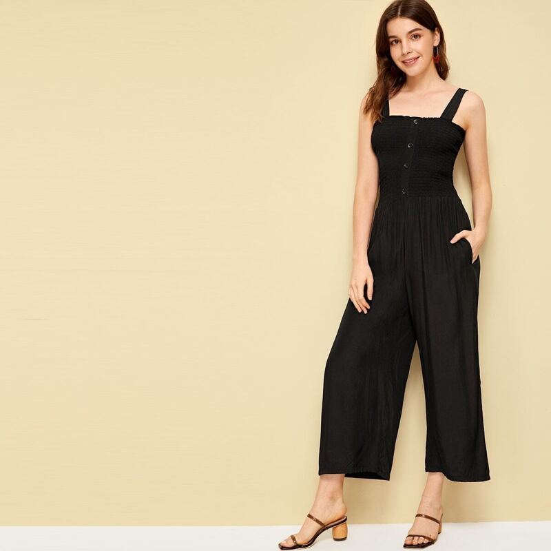 

Button Front Shirred Cami Jumpsuit, Black