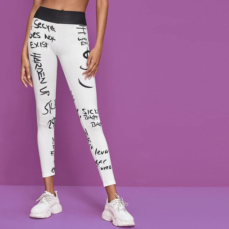 

Letter Print Skinny Leggings, White