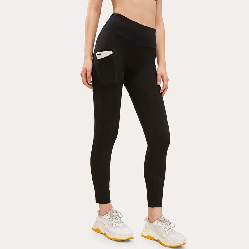 

Pocket Side High Waist Solid Leggings, Black