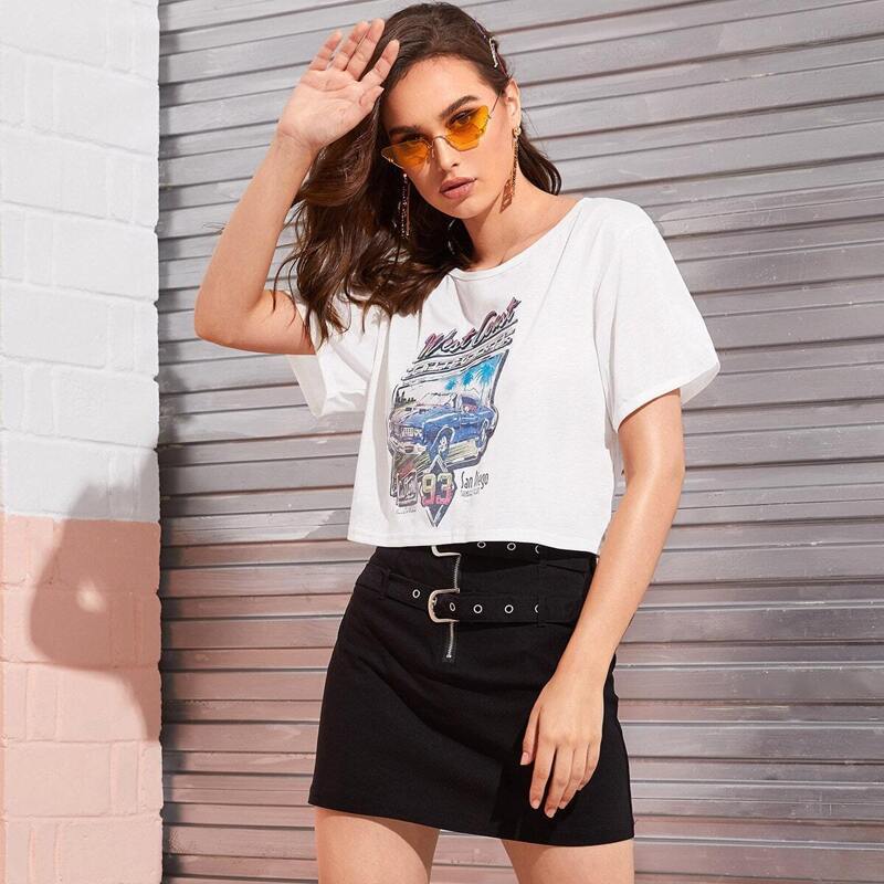 

Car & Letter Print Crop Tee, White