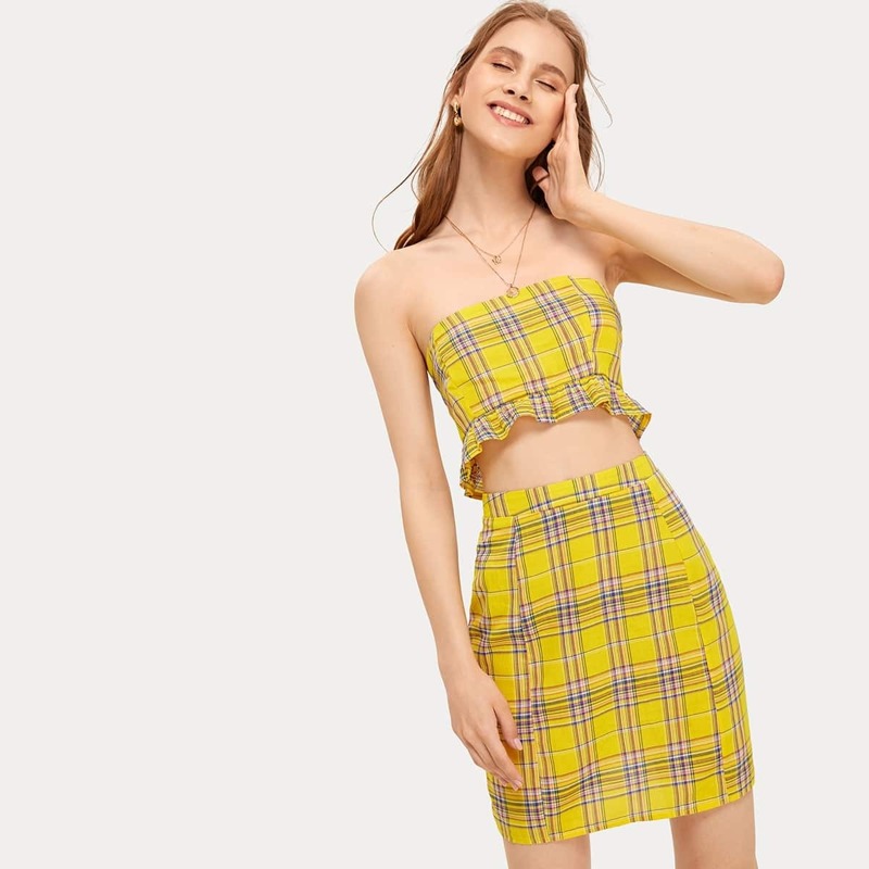 

Tartan Plaid Button Back Tube Top With Skirt, Multicolor