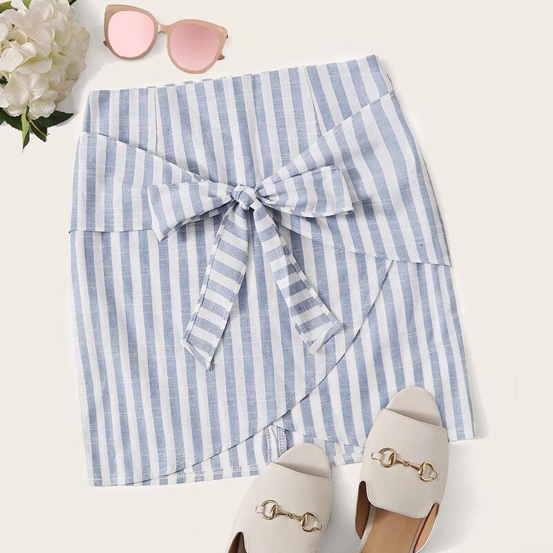 

Striped Tie Front Skirt, Blue