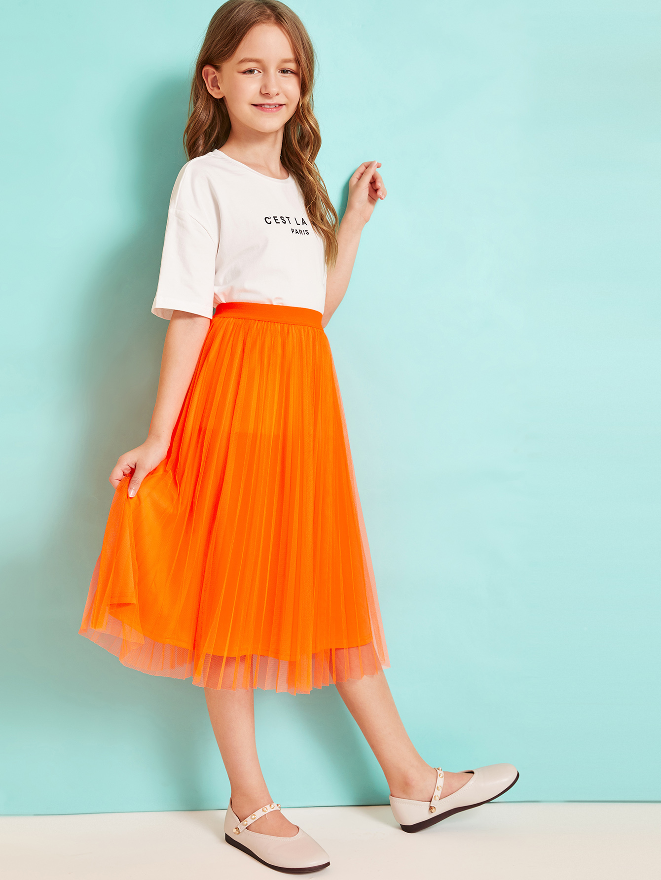 girls neon orange pleated mesh skirt