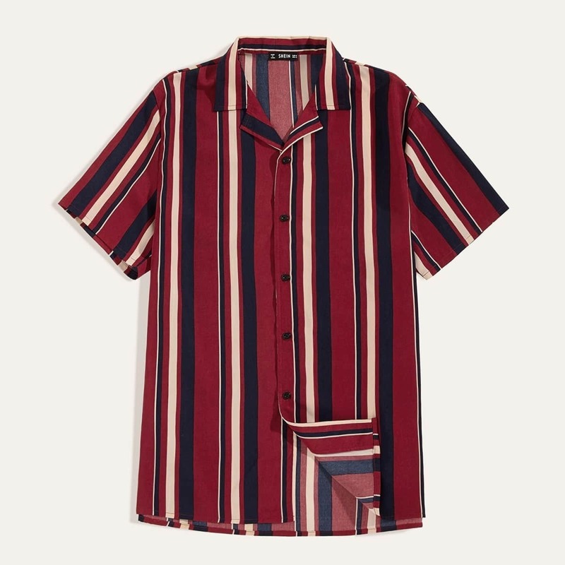 

Guys Notch Collar Color-block Striped Shirt, Burgundy