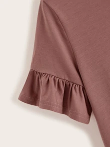 SHEIN LUNE Ruffle Sleeve Solid Tee - Redwood - View 3