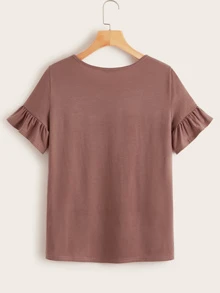 SHEIN LUNE Ruffle Sleeve Solid Tee - Redwood - View 2