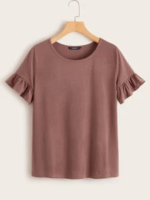 SHEIN LUNE Ruffle Sleeve Solid Tee - Redwood - View 1