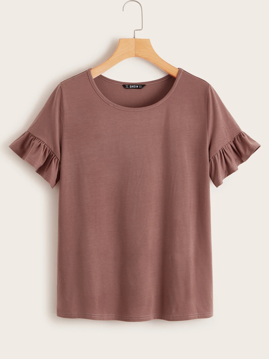 SHEIN LUNE Ruffle Sleeve Solid Tee - Redwood - View 1