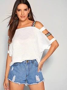 SHEIN Top de hombro con abertura con tira azteca - Blanco - Ver 4