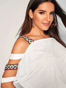 SHEIN Top de hombro con abertura con tira azteca - Blanco - Ver 5