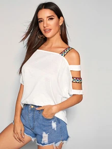 SHEIN Top de hombro con abertura con tira azteca - Blanco - Ver 1